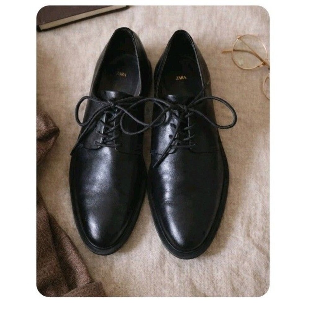 Zara Black Pointed Toe Oxford Lace Up Flats Womens 10  Minimalist Dark Academia